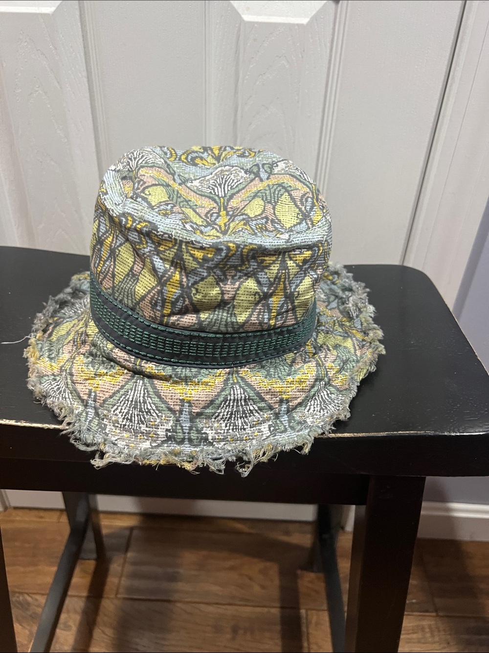 pistil Patterned Fringe Brim Bucket Hat in Green and Yellow